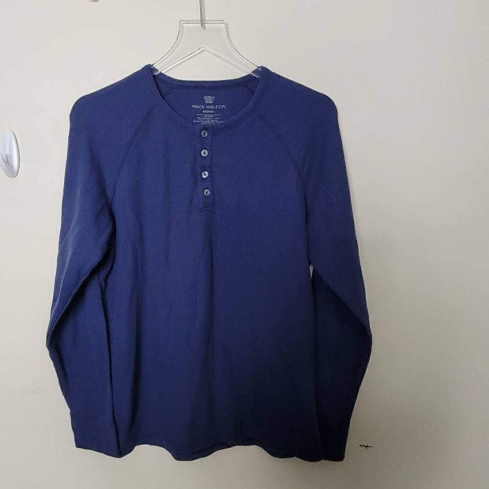 Mack Weldon Warmknit Waffle Henley Long Sleeve Shirt Thermal Blue Mesium